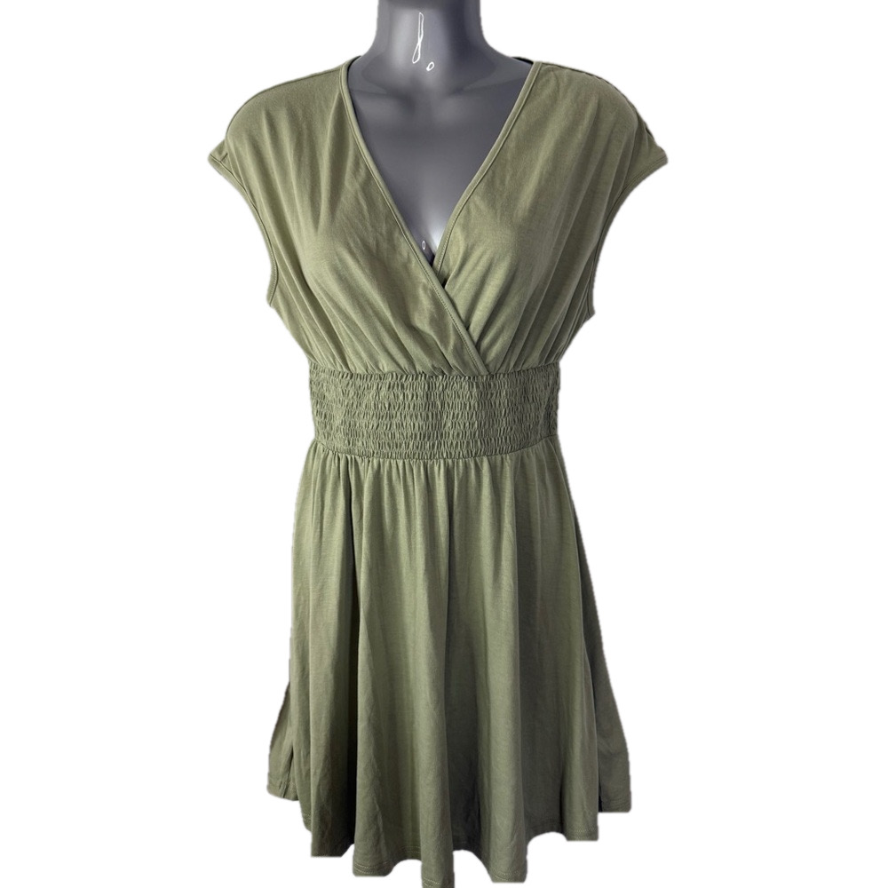 Cupshe Olive Green Smocked V Neckline Mini Sundress with Cap Sleeves SKU0359